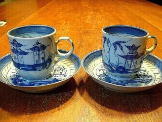 2 Antique Chinese Porcelain Blue & White Canton Export Tea Cups & Saucers 2