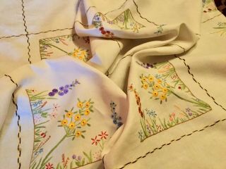 Vintage Hand Embroidered Linen Table Cloth.  1930/40.