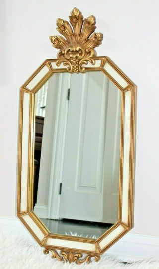 Vintage Hollywood Regency Creamy White Gold Gilt Carved Mirror French Italian