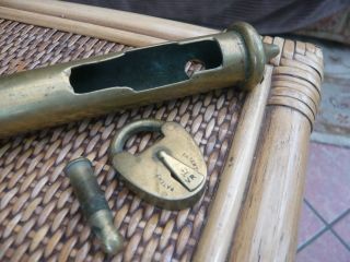 VERY RARE VICTORIAN BRASS PADLOCK LOCK WITH KEY COIN SCROLL TUBE ? MYSTERY ITEM 6