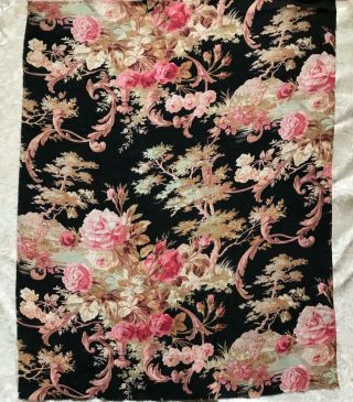 19th CENTURY FRENCH NAPOLEON III LINEN COTTON,  PINK ROSES c1870 100. 3