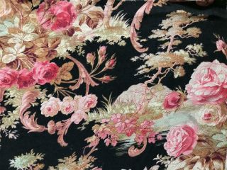 19th CENTURY FRENCH NAPOLEON III LINEN COTTON,  PINK ROSES c1870 100. 8