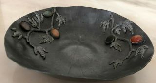 Old Antique Chinese Pewter Lotus Leaf Plate With Gemstones Marked China