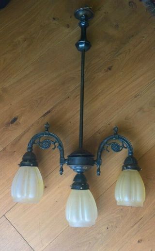 Vintage Large 3 Arm Light Fitting With Glass Shades - Art Nouveau