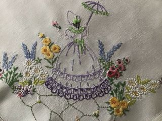 Gorgeous Vintage Irish Linen Hand Embroidered Tablecloth Crinoline Lady/garden