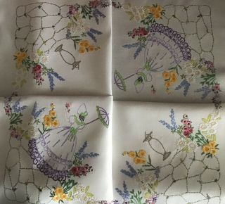 GORGEOUS VINTAGE IRISH LINEN HAND EMBROIDERED TABLECLOTH CRINOLINE LADY/GARDEN 4