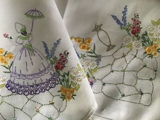 GORGEOUS VINTAGE IRISH LINEN HAND EMBROIDERED TABLECLOTH CRINOLINE LADY/GARDEN 5