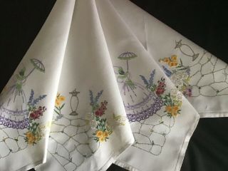 GORGEOUS VINTAGE IRISH LINEN HAND EMBROIDERED TABLECLOTH CRINOLINE LADY/GARDEN 8