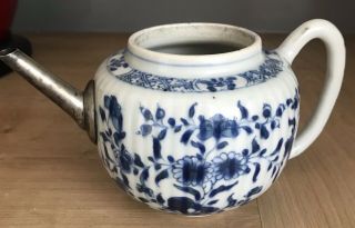 Antique Chinese Porcelain Blue And White Teapot With White Metal Spout