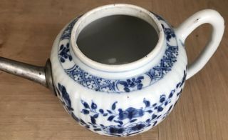 Antique Chinese Porcelain Blue And White Teapot With White Metal Spout 2