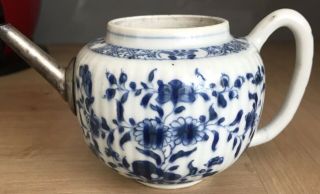 Antique Chinese Porcelain Blue And White Teapot With White Metal Spout 4