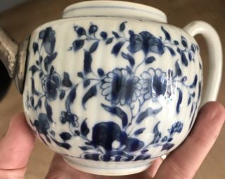 Antique Chinese Porcelain Blue And White Teapot With White Metal Spout 6