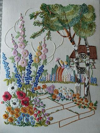 VINTAGE HAND EMBROIDERED PICTURE OF CRINOLINE LADIES IN GARDEN - FRAMED 3