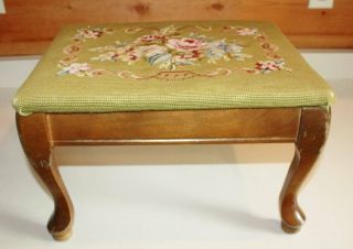Vintage Wooden Foot Stool Needle Point Sage Cover With Floral Motif