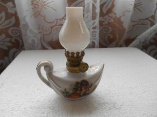 Vintage Retro Miniature  Aladdins Lamp  Type Ceramic Floral Oil Lamp & Chimney