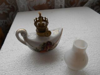 Vintage Retro Miniature  Aladdins Lamp  type Ceramic Floral Oil Lamp & Chimney 5