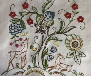 Gorgeous Vintage Linen Hand Embroidered Cushion Cover Jacobean Florals/deer