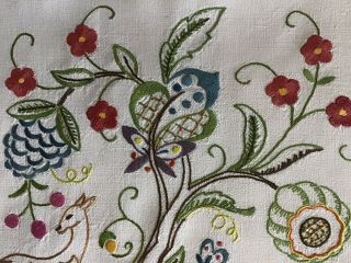 GORGEOUS VINTAGE LINEN HAND EMBROIDERED CUSHION COVER JACOBEAN FLORALS/DEER 2