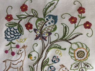 GORGEOUS VINTAGE LINEN HAND EMBROIDERED CUSHION COVER JACOBEAN FLORALS/DEER 4