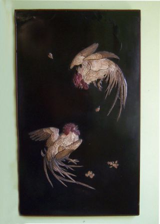 Japanese Edo Period Hand Carved Bone On Black Lacquer Panel Fighting Cocks 1860