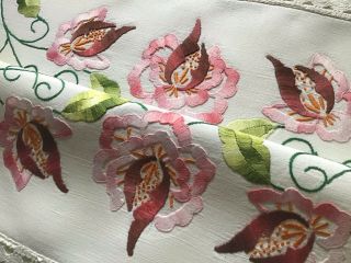 Vintage Hand Embroidered Table Runner Pink Florals/lace
