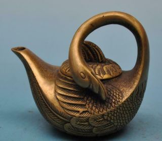 Chinese Old Copper Hand - Carved Swan Statue Teapot /qianlong Mark D02