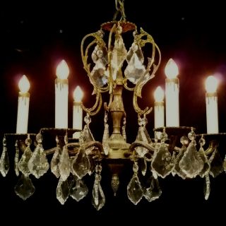 Antique Brass Chandelier - French Prisms 6 Lights 19 " - Or