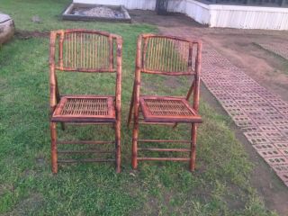 Two Vintage Mid Century Tortoise Bamboo Cane Folding Chairs
