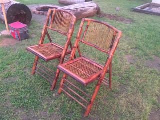 Two Vintage Mid Century Tortoise Bamboo Cane Folding Chairs 2