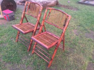 Two Vintage Mid Century Tortoise Bamboo Cane Folding Chairs 3