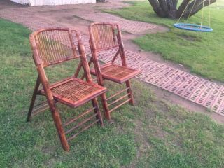 Two Vintage Mid Century Tortoise Bamboo Cane Folding Chairs 4