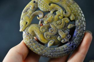 Delicate Chinese old jade Carved Two - sided dragon pendant H84 2