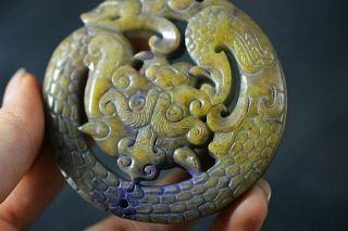 Delicate Chinese old jade Carved Two - sided dragon pendant H84 3