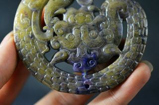 Delicate Chinese old jade Carved Two - sided dragon pendant H84 5