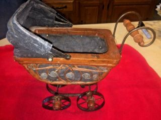 Antique Pram Vintage Baby Doll Carriage / Stroller / Buggy - Cloth & Wicker Wood