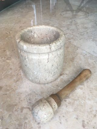 Antique Stone Apothecary Mortar And Pestle French Travertin Marble 1900