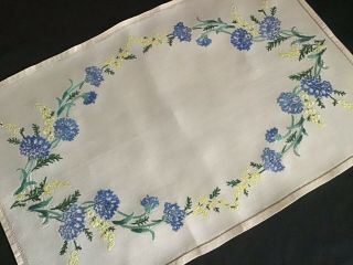 Lovely Vintage Linen Hand Embroidered Tray Cloth Cornflowers/mimosa