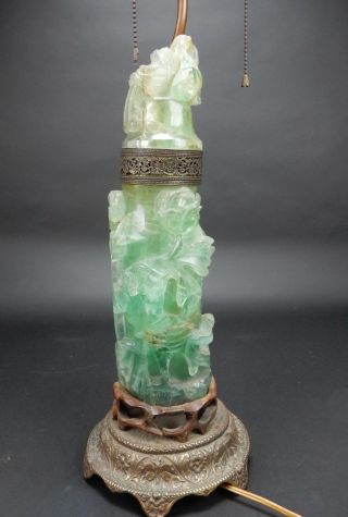Large Chinese Intricately Carved Green Quartz Vase Lamp Circa 1900.  33 Inches