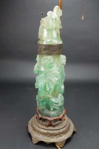 Large Chinese Intricately Carved Green Quartz Vase lamp circa 1900.  33 inches 2