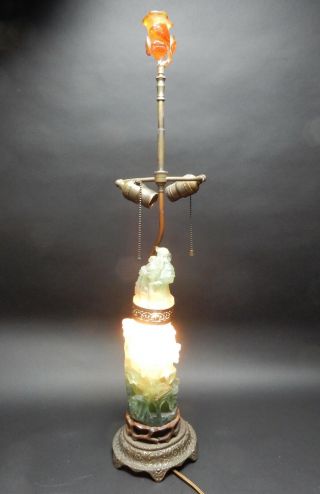 Large Chinese Intricately Carved Green Quartz Vase lamp circa 1900.  33 inches 3
