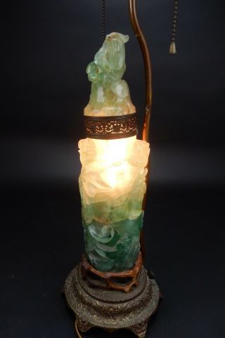 Large Chinese Intricately Carved Green Quartz Vase lamp circa 1900.  33 inches 6