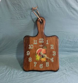Vintage Mcm Verichron Wooden Bread Board Clock With Assorted Fruit Design