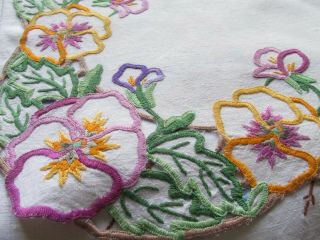 Vintage Hand Embroidered - Open Cut Work Irish Linen Table,  Traycloth - Pansy Flowers