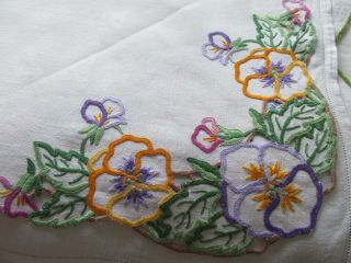 Vintage Hand Embroidered - Open Cut Work Irish Linen Table,  Traycloth - PANSY FLOWERS 2