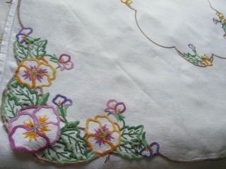 Vintage Hand Embroidered - Open Cut Work Irish Linen Table,  Traycloth - PANSY FLOWERS 3