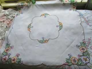 Vintage Hand Embroidered - Open Cut Work Irish Linen Table,  Traycloth - PANSY FLOWERS 4