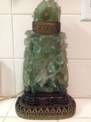 Antique Quartz Asian Lamp Flouorite Jade Looking Carved Birds Flowers