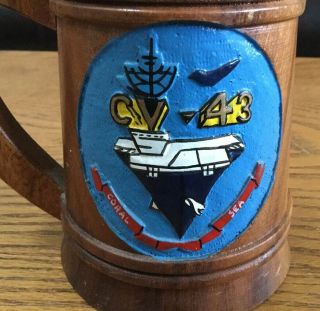 RARE VINTAGE USS CORAL SEA HAND CARVED/PAINTED WOOD COFFEE MUG/CUP 1979/80 3