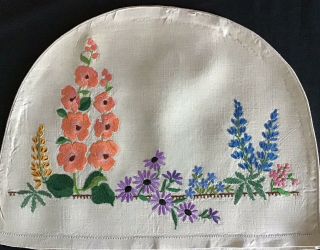 GORGEOUS VINTAGE IRISH LINEN HAND EMBROIDERED TRAY CLOTH & TEA COSY COVER FLORAL 4