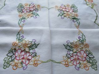 Vintage Hand Embroidered - Open Cut Work Irish Linen Tablecloth - British Flowers